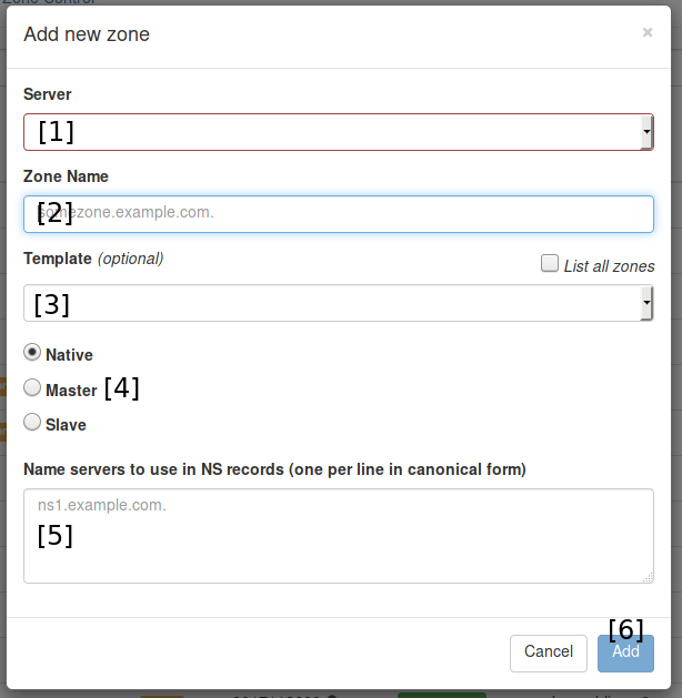 Add zone dialog window