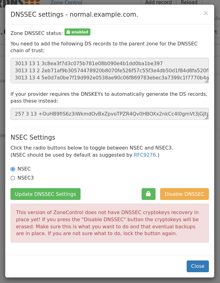 Zone DNSSEC dialog