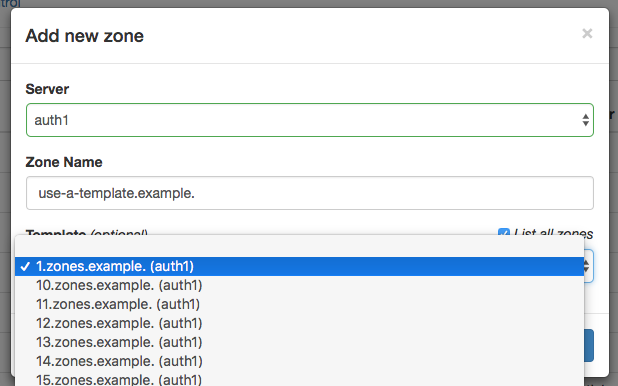 "Add new zone" dialog showing all zones as template candidates