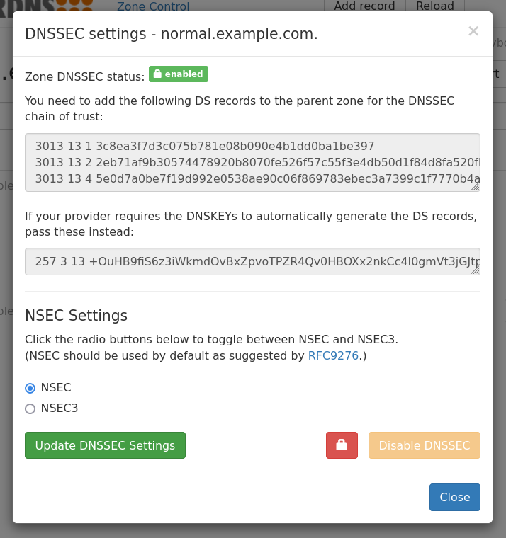 Zone DNSSEC dialog