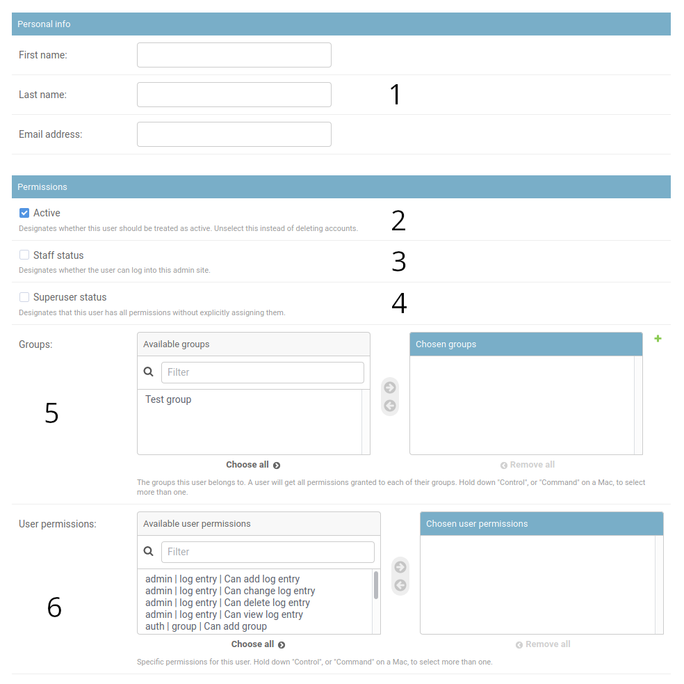 User form of the admin panel