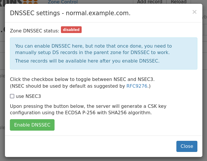 Zone DNSSEC dialog